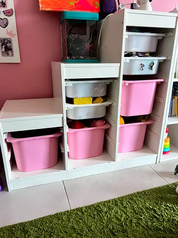 IKEA White Kids Toy Storage Unit with Pink and white Boxes