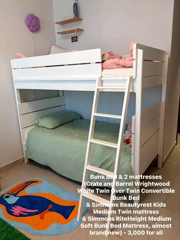 White Twin over Twin Bunk Bed (Crate  Barrel Wrightwood) with 2 Mattresses