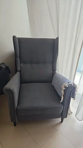 Grey Upholstered Wingback Armchair with Cushion - Good Condition
