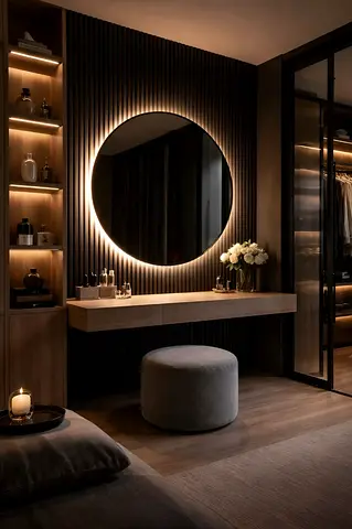 Customize Modern Round Backlit Vanity Mirror with Floating Wood Console — Set for Dressing Area