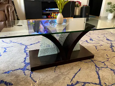 Glass Top Coffee Table with Dark Wood Curved Base
