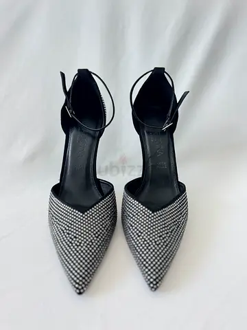 Primadonna - Black Pointed Ankle-Strap Heels with Sparkle Detail — Size 40