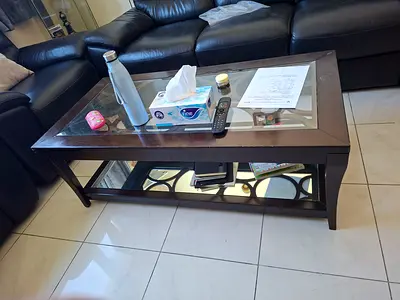 Glass Top Coffee Table with Lower Shelf - Darkbrownn solid Wood Finish with glassdecorative mirror.