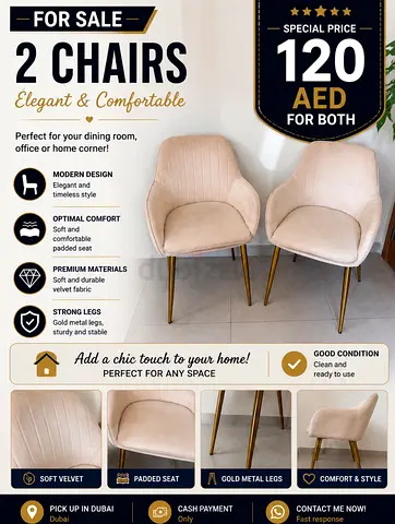 Set of 2 Beige Velvet Dining Chairs with Gold Legs - Good Condition