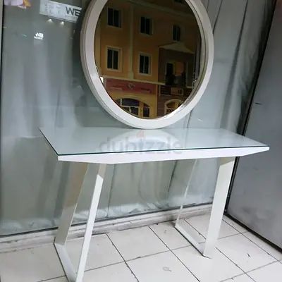 White Glass Top Console Table with Round Wall Mirror - Modern Entryway Table