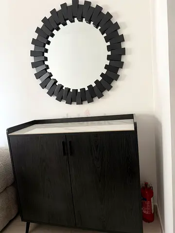 Dark Wood Console Cabinet with Decorative Round Mirror - brand new condition
