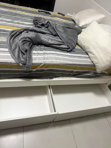 White queen bed with 4 under-storage drawers - good condition with mattress and 2 tables