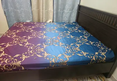 Queen Bed Frame with Mattress — Dark Wood, Good Condition