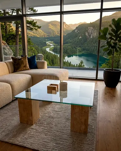 Square Glass Top Coffee Table with Travertine Pillars Legs
