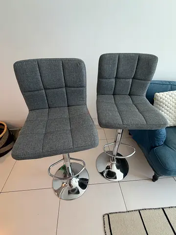 Set of 2 Grey Upholstered Bar Stools with Adjustable Chrome Base
