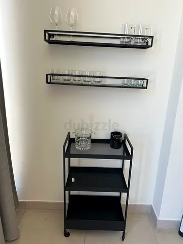 Modern Black Metal Bar Trolley with Wall-mounted Glass Racks- and all the glasses