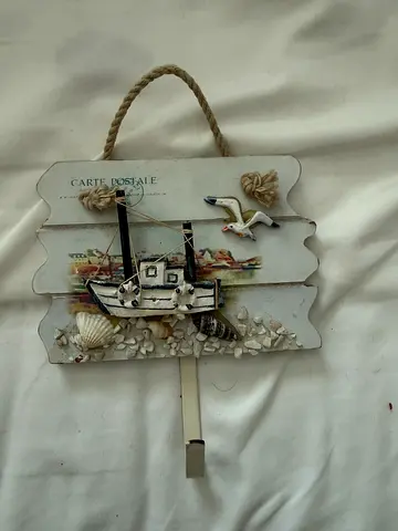 Decorative Nautical Wall hook Hanging with Boat and Seashells great to hang towels and light items