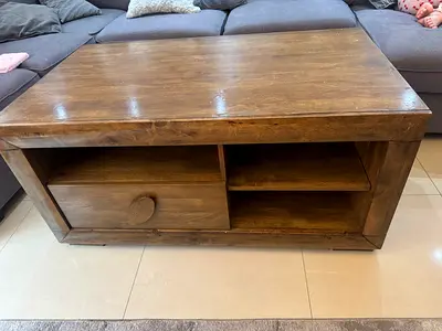 Solid Wood Coffee Table with Storage Drawer and Open Shelves