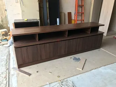 Luxury Wall Mounted TV Console with LED Backlit Slat Panel and Minimalist Cabinet