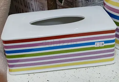 Striped Ceramic Tissue Box Cover - White Background with Multicolor Stripes