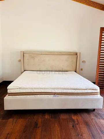 Beige Upholstered Double Bed with Mattress - Good Condition