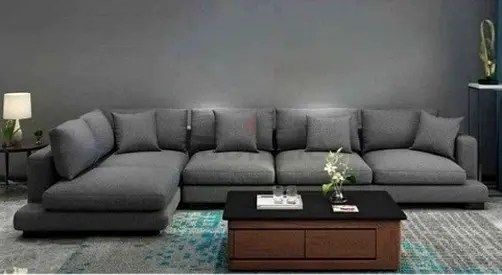 Large Grey L-Shaped Fabric Corner Sofa with Cushions