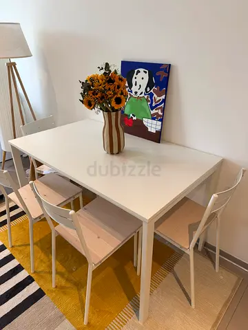IKEA-style white metal framed desk with light wood top (good condition)