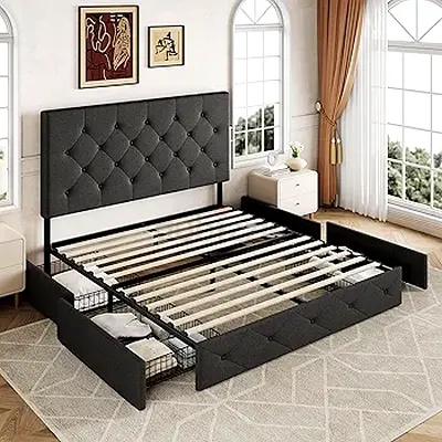 Button tufted 4 drawers dark gray linen queen bed frame