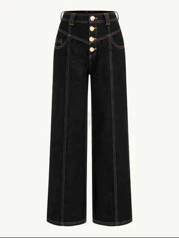 Commense mid waiste wide leg button black ladies jeans brand new