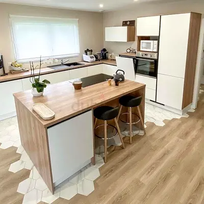 Modern white and wood kitchen island