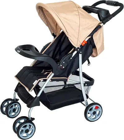 Lightweight Beige Standard Baby Stroller with Canopy and Storage Basket