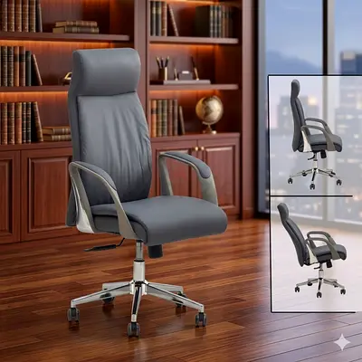 Modern High-Back Leather Executive Office Chair - Grey