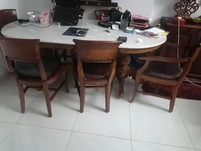 Indonesian Teak wood dining table with 6 solid wood chairs with single peice italian marble top