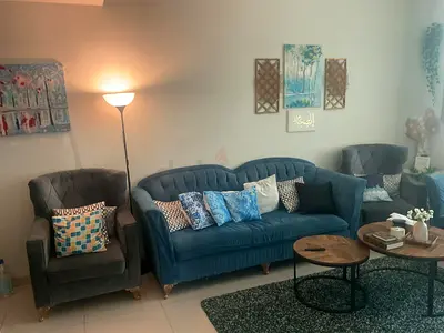 Blue Velvet 3-seater Sofa with Matching Armchairs along with Carpet   - Good Condition