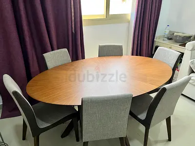 Oval Wooden Dining Table with 6 Upholstered Chairs - Good Condition