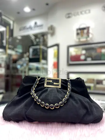 Fendi Black Canvas and Patent Leather Large Mia Shoulder Bag (Authentic/PreOwned)