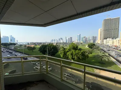 3BR luxury apartment in Al Majaz 2 near Dubai exit, free AC, full sea view, super deluxe finishing,