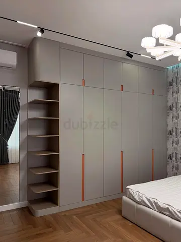 Custom Built-in Bedroom Wardrobe with Open Shelves - Grey Finish
