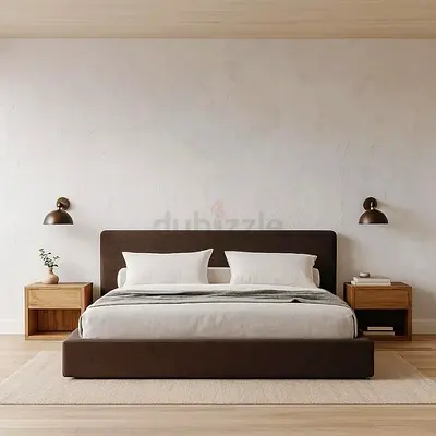 Dark brown linen square low profile bed frame