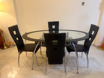 Glass Top Dining Table with 4 Black Faux Leather Chairs