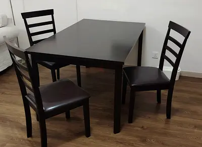 Dark Wood Ikea Dining Table with 3 Matching Ladder-Back Chairs