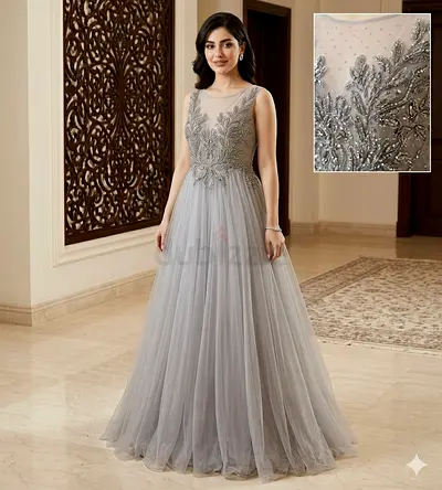 Laege Size Grey Embroidered Tulle Evening Gown