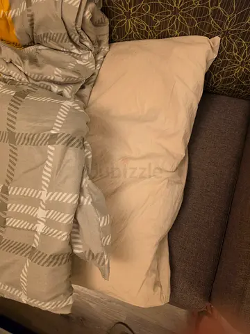 Queen bed headboard with mattress, pillows and duvet (used)
