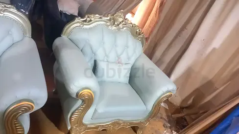 Light Blue Ornate Upholstered Armchair with Gold Trim - Single Piece