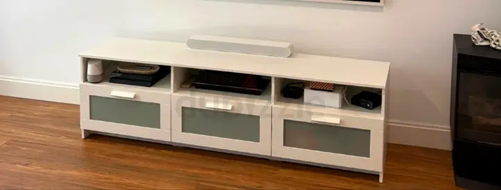 White Low TV Unit with Glass Panels - 3 Drawers, Modern Design