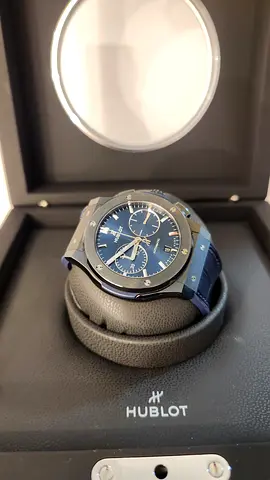 Hublot black ceramic chronograph watch in original box - blue dial -2023 with warranty like new