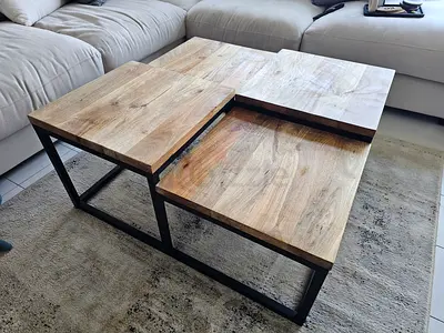 Lucky Furniture - Solid Wood Nesting Coffee with Black Metal Frame