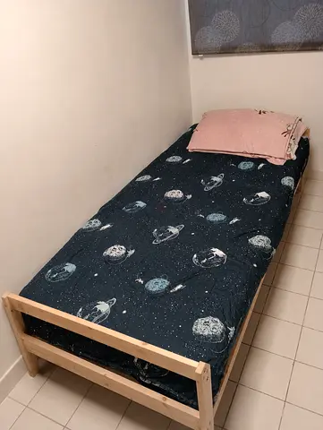 ***Ultra low price 50 AED***Single Wooden Bed Frame with Mattress and Bedding - Good Condition