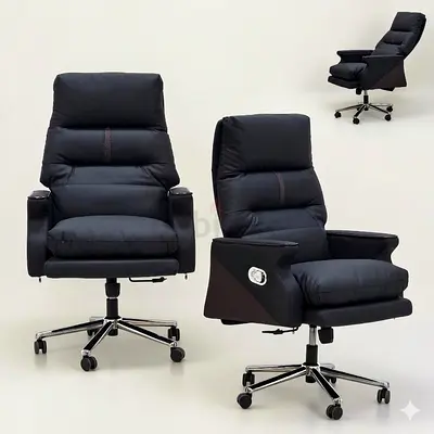 Comfortable Black Leather Office Recliner Chair with Wheels (Adjustable) - single peice