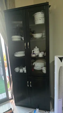 Tall Black Glass-Front Cabinet / China Hutch — Good Condition