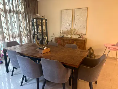 Solid Wood 8-Seater Dining Table with Upholstered Chairs - Good Condition And buffet table
