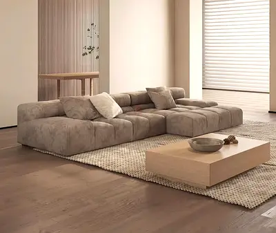 Low-profile modular suede sofa — beige, 4-seater