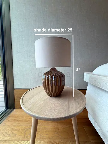 Brown ceramic table lamp with beige fabric shade — 37 cm