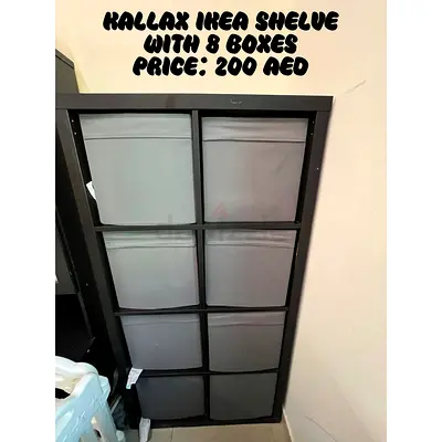 IKEA Kallax 8-Cube Shelf Unit with 8 Fabric Boxes - Dark Brown/Black