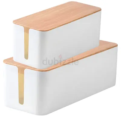 Set of 2 Desk Cable Management Box with Wooden Lid - Cable Organizer